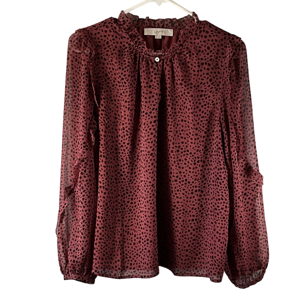 LOFT Women's Burgundy Polka Dot Blouse